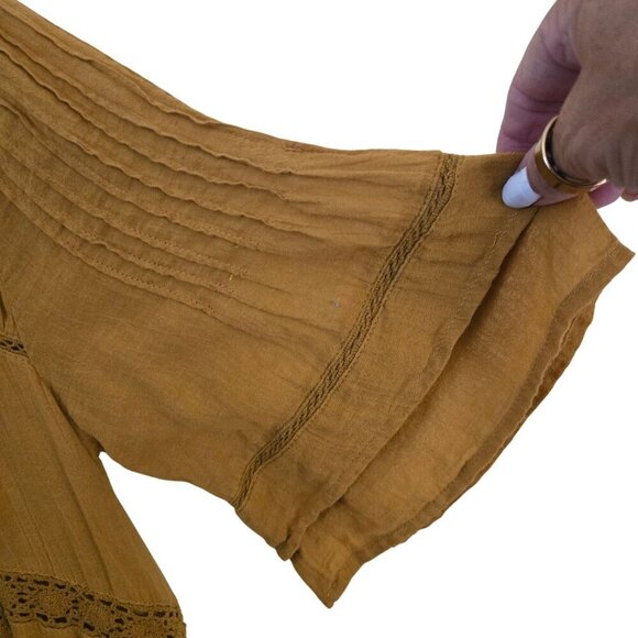 Free People Victorian Mini Dress Mustard Embroidered A Line Bohemian Size L - Picture 8 of 12